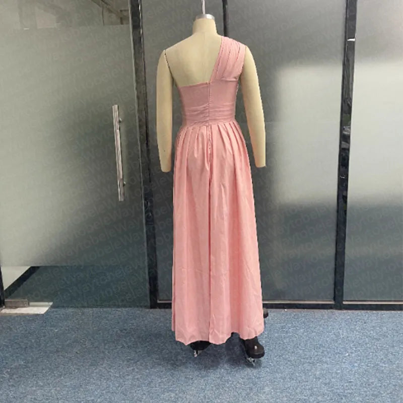 Wefads Women Maxi Dress Fashion Solid Irregular One Shoulder Sleeveless Slim Nipped Waist Evening Party Dresses Streetwear