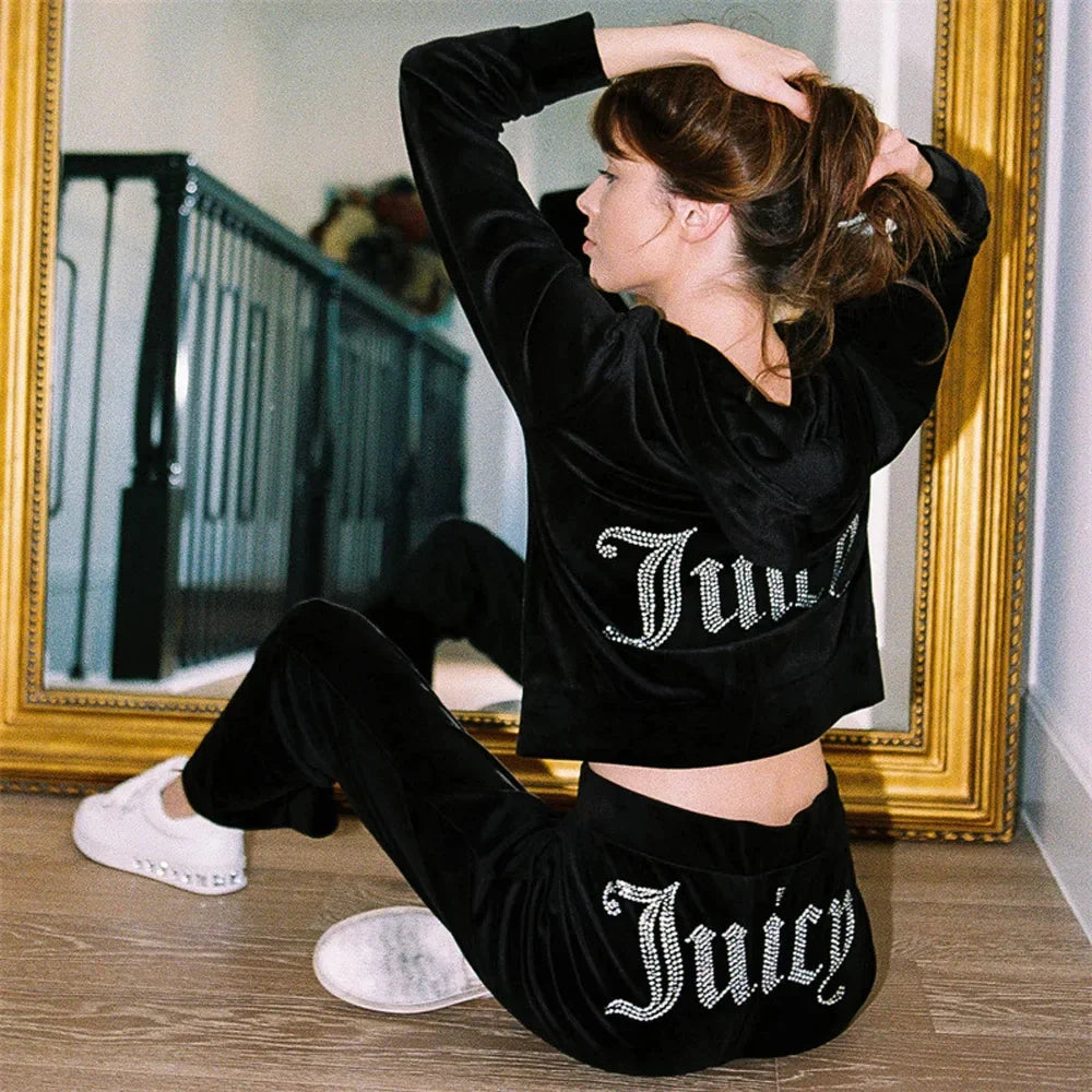 Velour Tracksuit Women Long Sleeve Hoodie Juicy Bling Shine Tops+Pants Two Piece Diamond Logo Print Casual Workout Clothes Black
