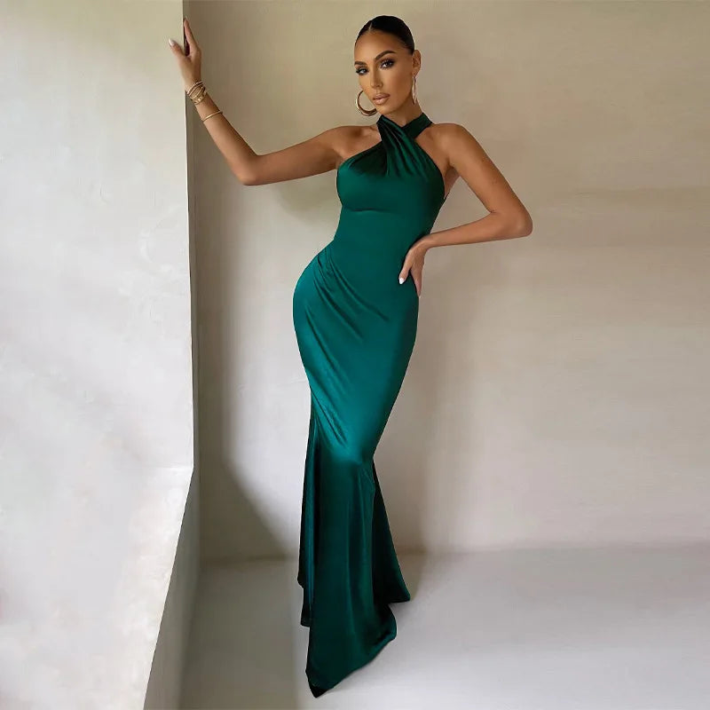 Sleeveless Cross Halter Satin Midi Dress Backless Bodycon Sexy Elegant Party Club Outfit Evening Birthday Clothes Summer green