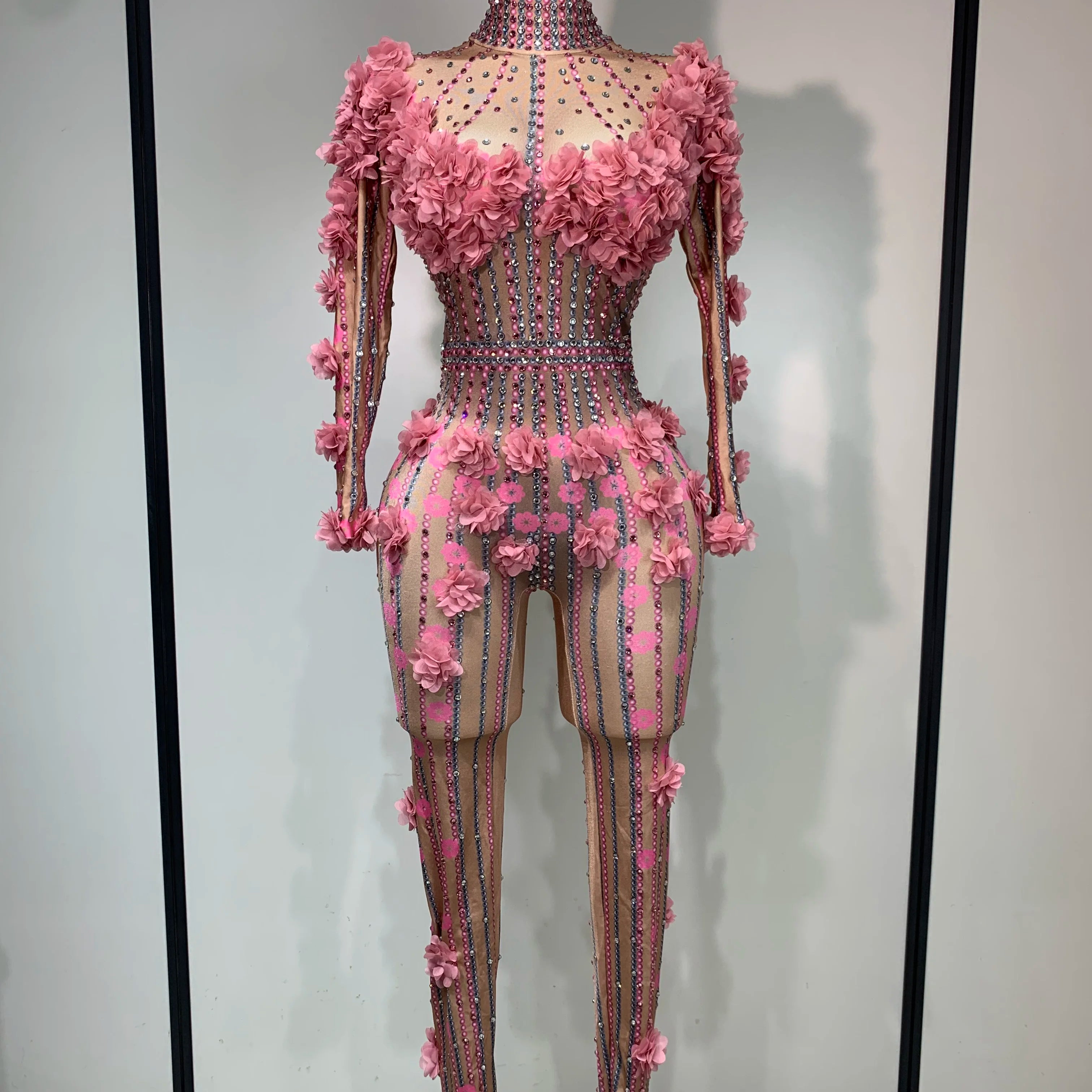 Sexy Skinny Rhinestones Flower Long Sleeve Bodycon Jumpsuit Women High Street Nightclub Birthday Performance Dance Stage Outfit Pink