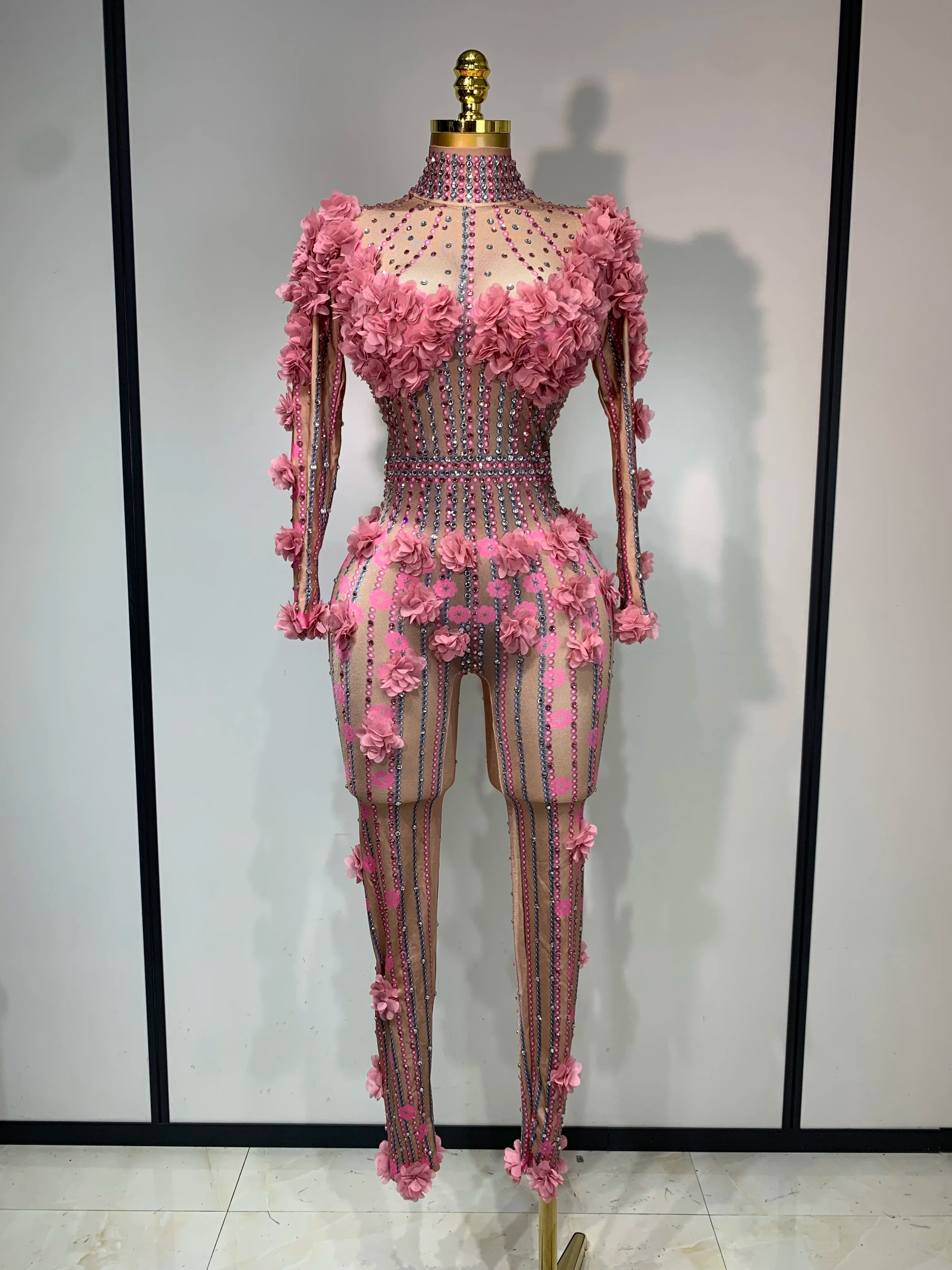 Sexy Skinny Rhinestones Flower Long Sleeve Bodycon Jumpsuit Women High Street Nightclub Birthday Performance Dance Stage Outfit Pink