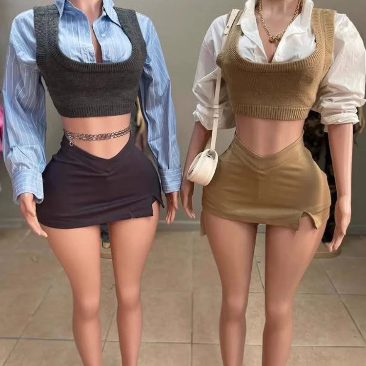 Women Mini Skirts Set +Full Sleeve Knit Vest Shirts 2025 Spring Two 2 Piece Set Outfits Casual Street Night Club Outfits