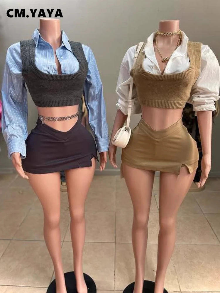 Women Mini Skirts Set +Full Sleeve Knit Vest Shirts 2025 Spring Two 2 Piece Set Outfits Casual Street Night Club Outfits