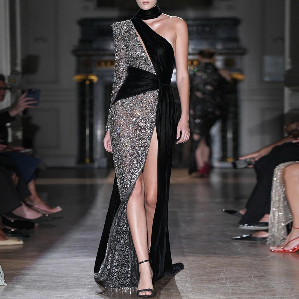 Sexy Sequin Patchwork Design Long Dress Halter Neck Draped One Shoulder Long Sleeve Split Maxi Evening Party Gowns black