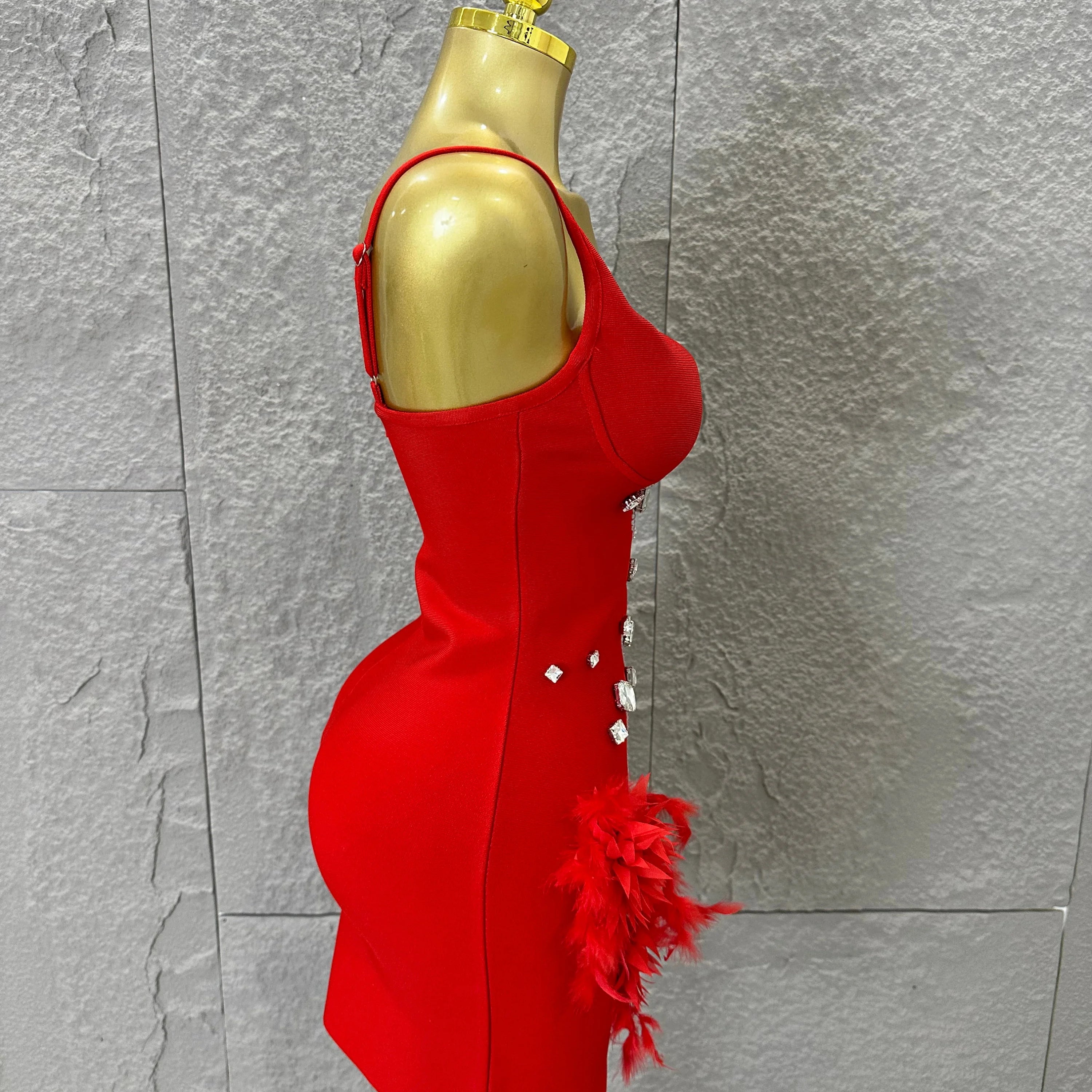 Elegant Red Spaghetti Strap Mini Dress Women Sexy Sweetheart Neck Crystal & Feather Form-Fitting Outfit Formal Event Costume
