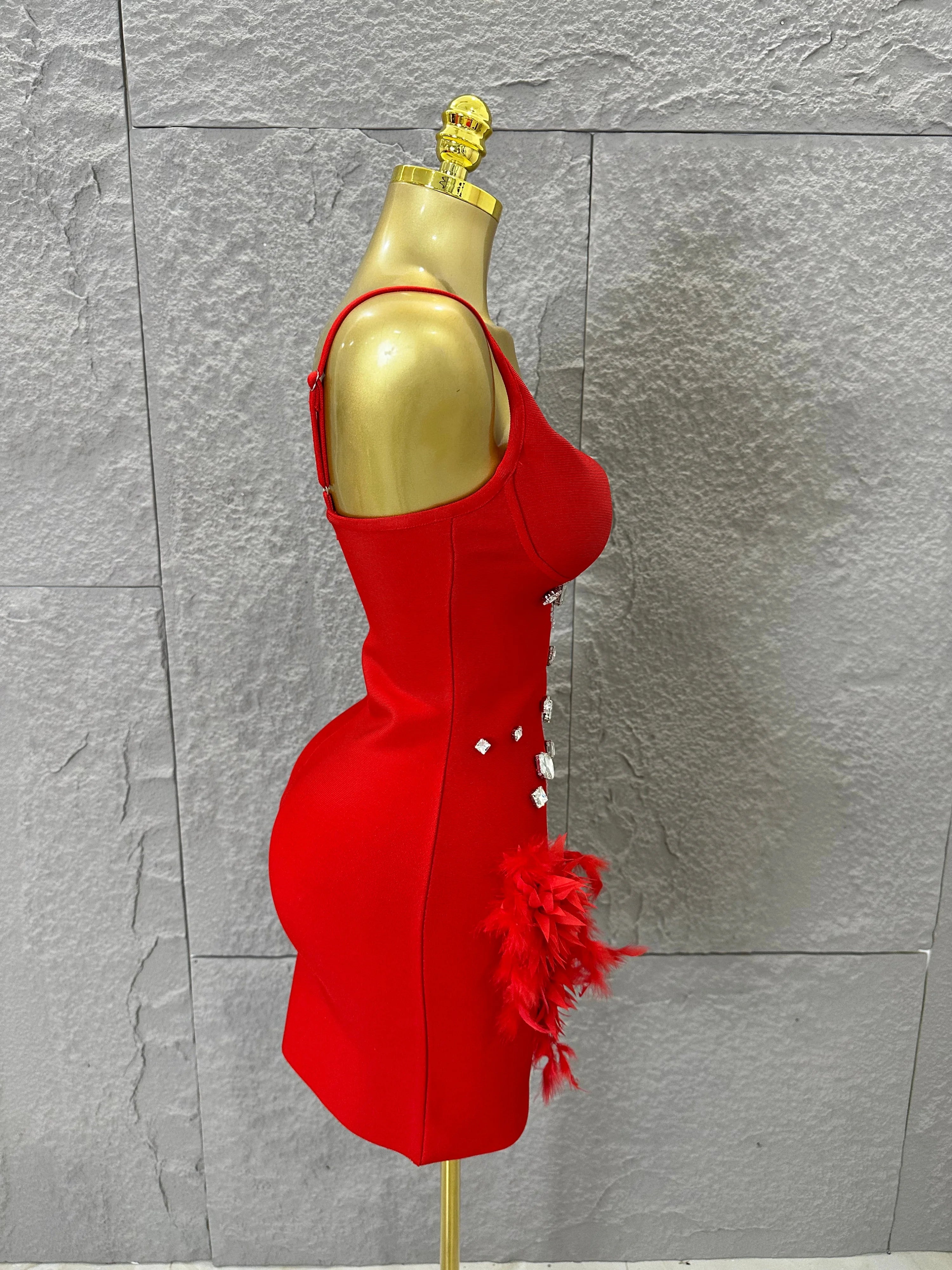 Elegant Red Spaghetti Strap Mini Dress Women Sexy Sweetheart Neck Crystal & Feather Form-Fitting Outfit Formal Event Costume