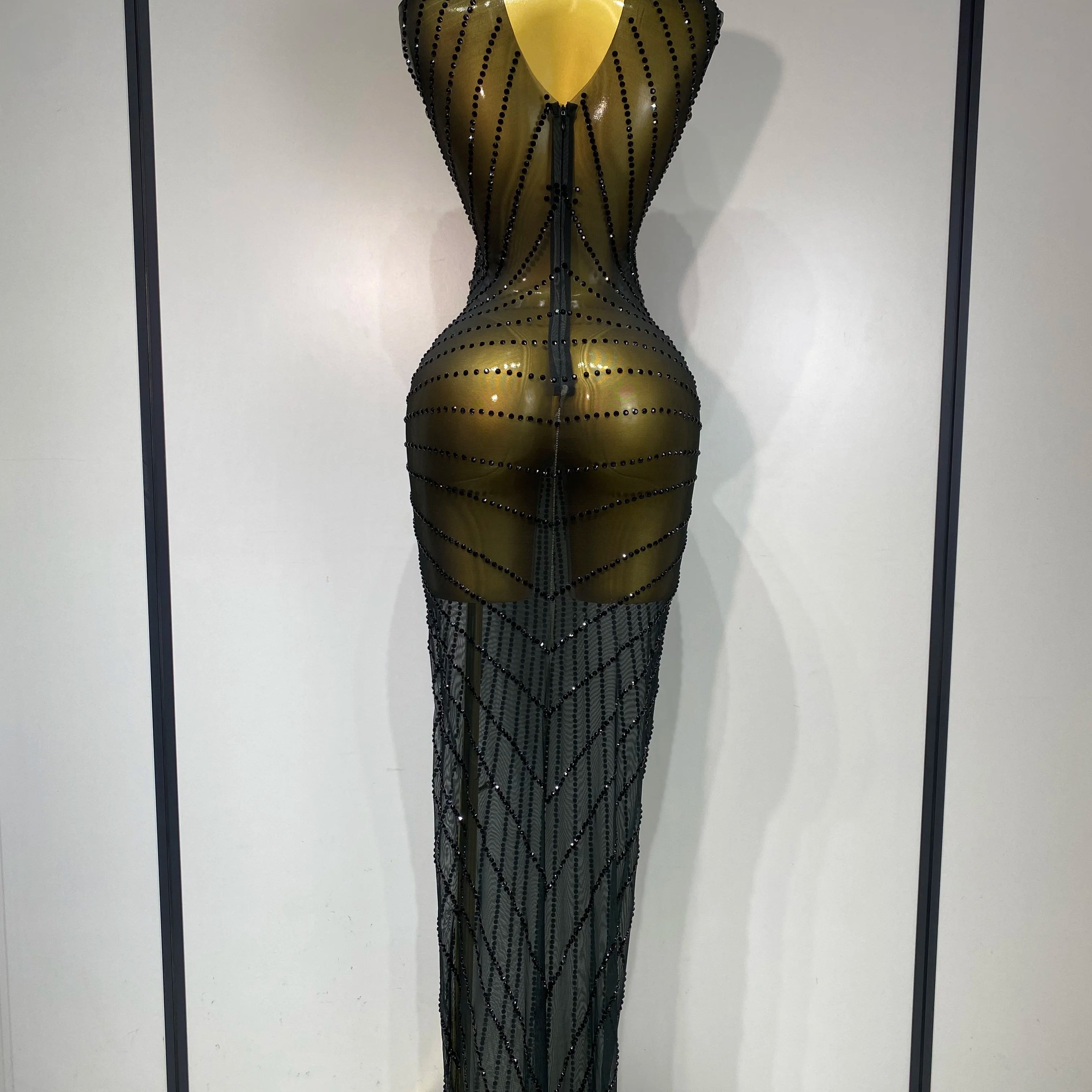 Women Sexy Sparkly Rhinestones Sleeveless Long Dress 2025 Club Birthday Celebrate Evening Photo Shoot Stage Performance Costume