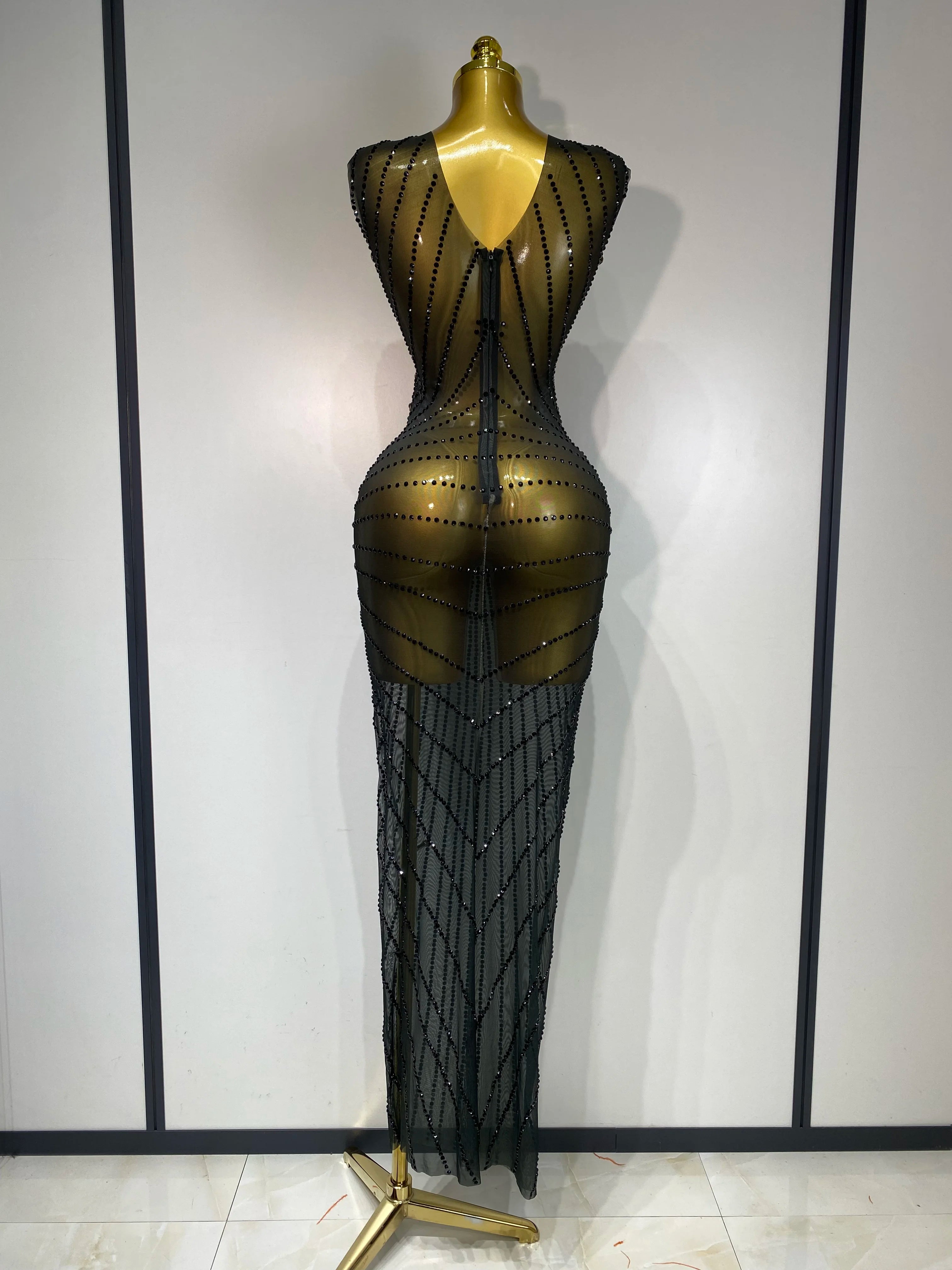 Women Sexy Sparkly Rhinestones Sleeveless Long Dress 2025 Club Birthday Celebrate Evening Photo Shoot Stage Performance Costume