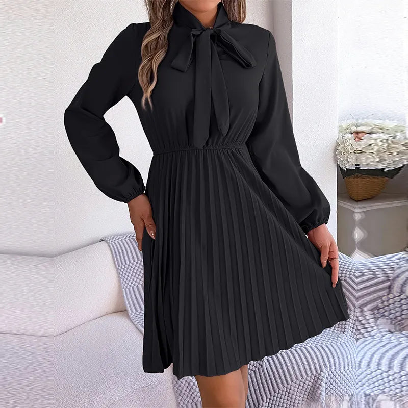 Women's 2024 New Autumn Winter Temperament Lace Up Solid Color High Waist Long Sleeve Pleated Dress Black