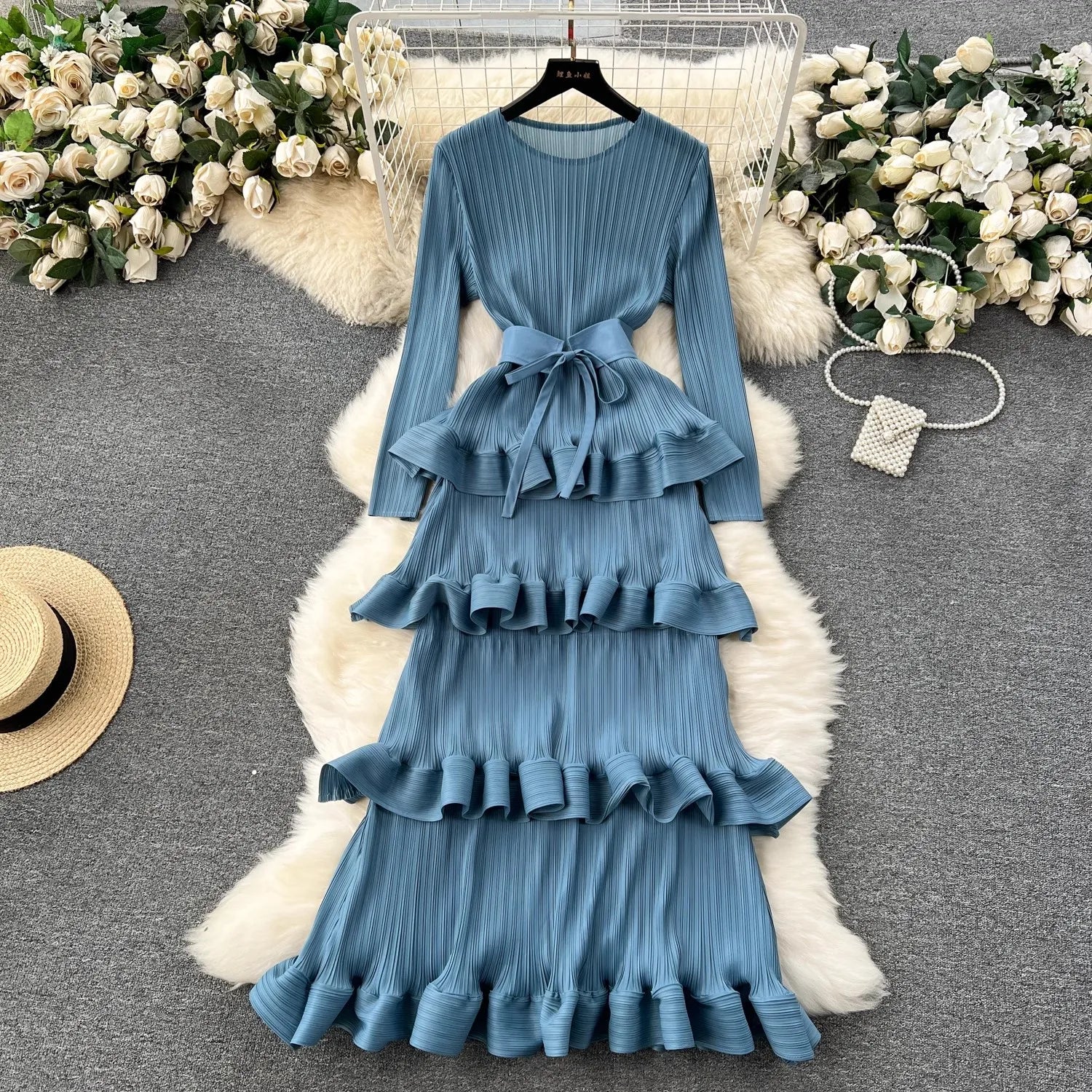 Miyake Multi-layer Cascading Pleated Dress Women O Neck Long Sleeve Solid Color Ruffles Cake Belt Dress Female Party Clothing SKY BLUE One Size