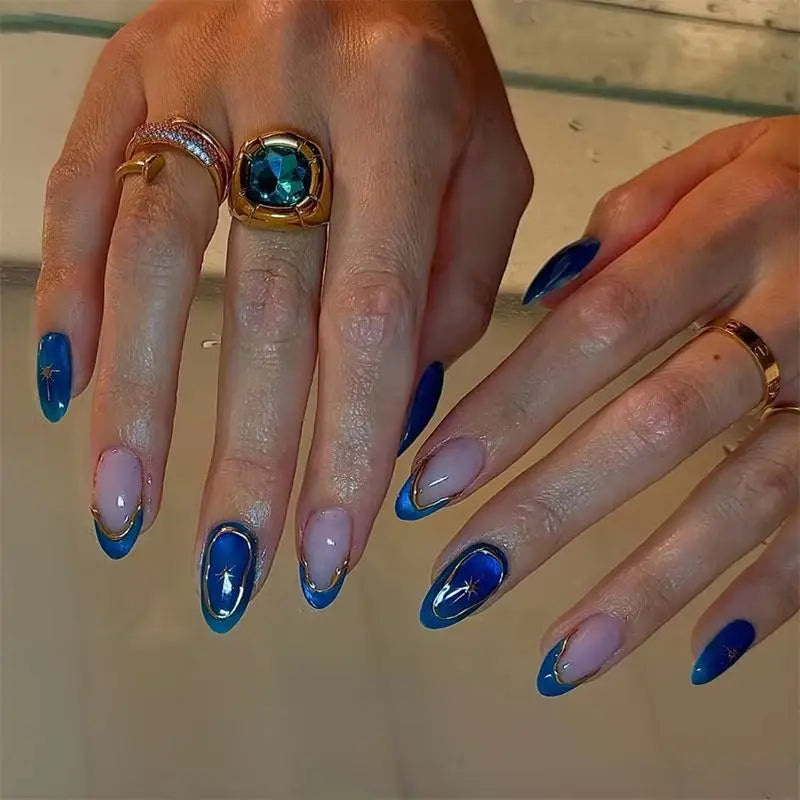 24Pcs 3D Cat-eye Dark Blue Design False Nails with Irregular Lines Spice Girl Detachable Nail Tips Short Oval Nails Set Press On