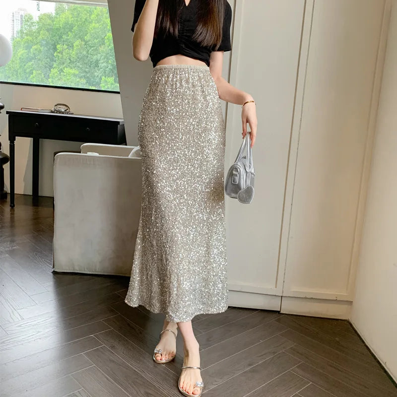 New Heavy Industry Sequins Fish Tail Skirt for Spring/summer Luxury Sexy High Waisted Slimming Hip Pack Long Mermaid Skirt Apricot 5141