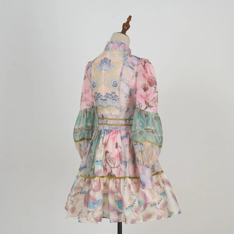 Fall Real Shot Spot Customized New Product Vintage Court Style Small Stand Collar Bubble Sleeve Waist-Tight Dress