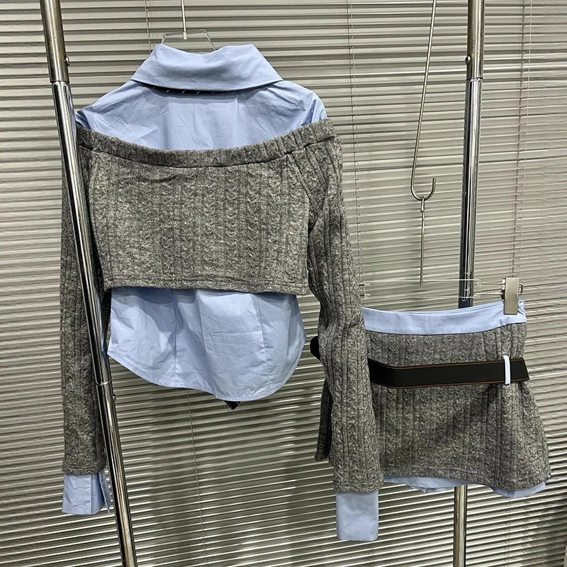 Autumn Winter New Knit Sweater Blue With Tie Shirt Spliced Fake Two-Piece Top Skirt Women's Three Pieces Set 11A07568