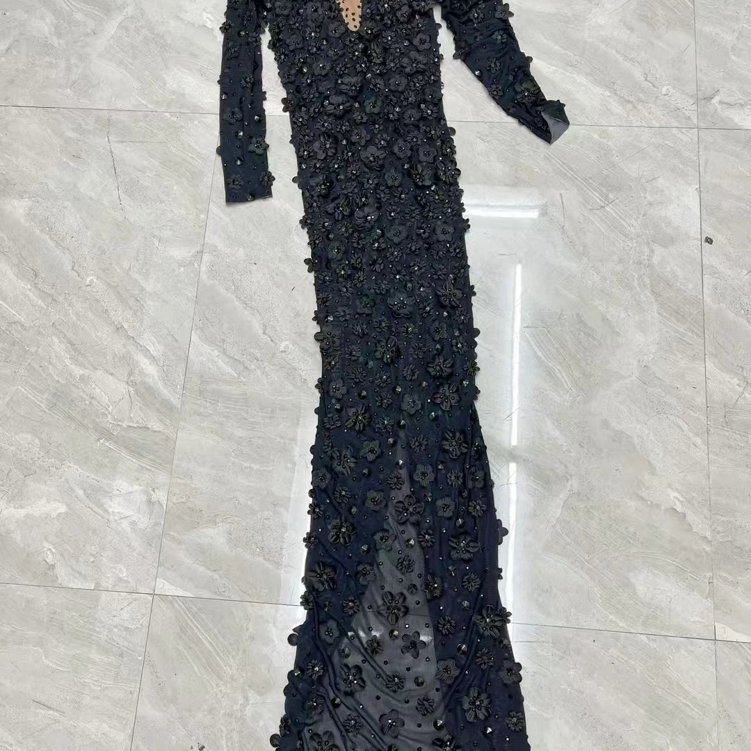 Shine Rhinestone Black Evening Dress Sheer Mesh Tight Fitting Flower Long Dress Elegant Mysterious Party Sexy Women Dress Cunjie