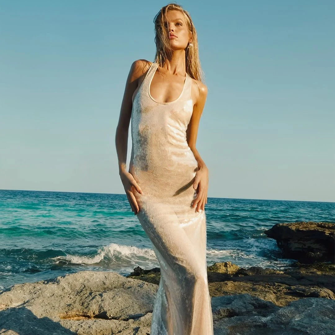 Champagne Color Shining Sequins Sleeveless Tank Bodycon Floor Length Dress Woman Birthday Party Vestido Cocktail Party Outfit