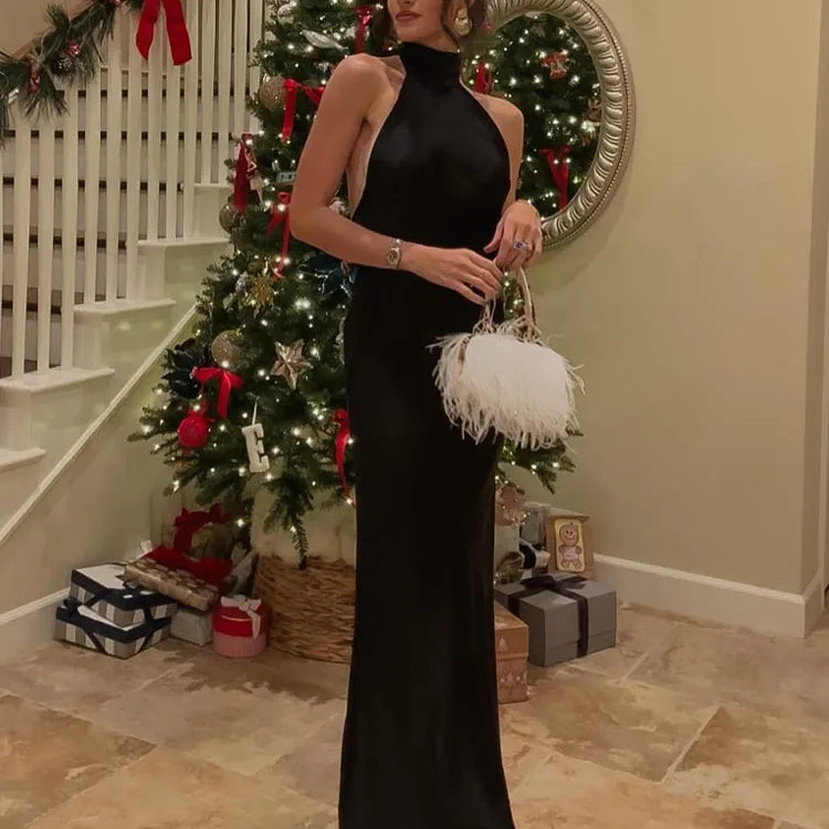 TRAFZA Women Fashion Backless Sexy Black Halter Tie Satin Long Dress Dresses Woman Bodycon Dresses New Ladies Luxury Party