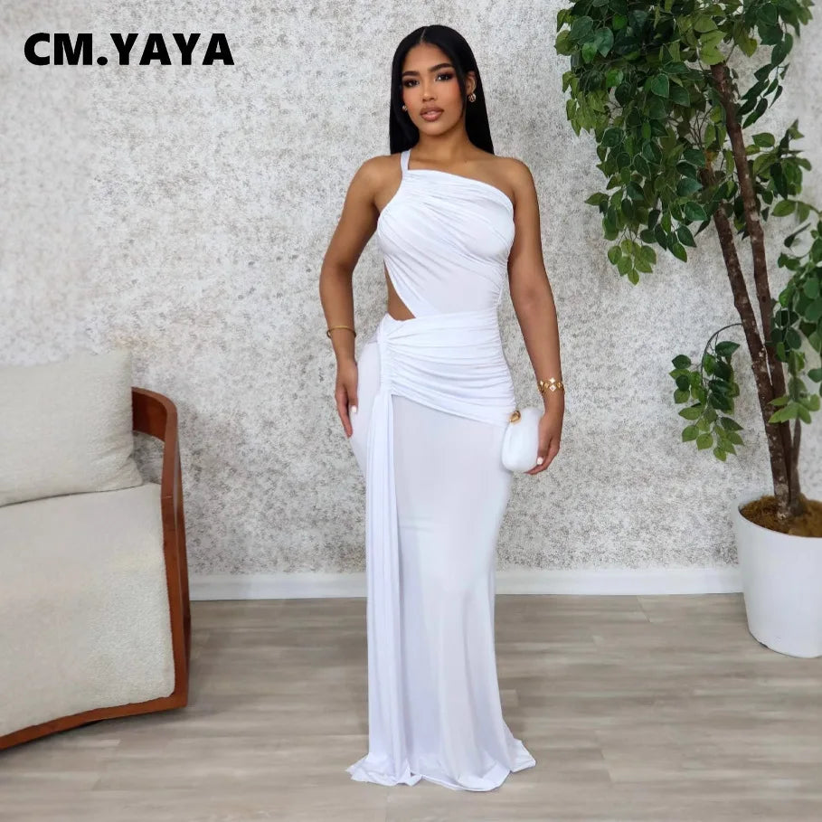 Women Sleeveless Hollow Out Strap Ruched Maxi Long Dress 2025 Summer Street Sexy Party Birthday Evening Dresses Vestidos
