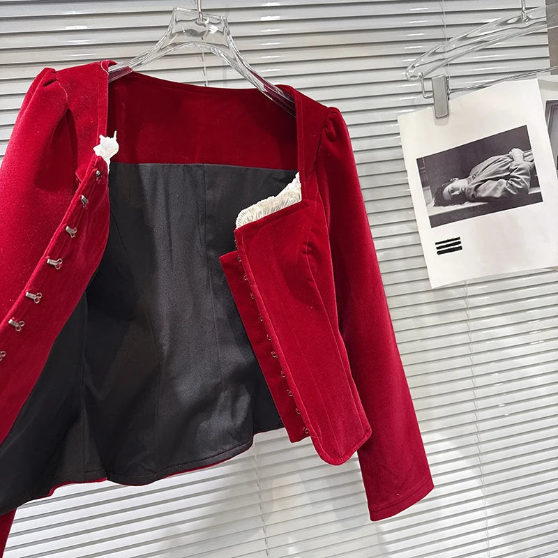 Winter New Fashion Lace Edge Square Collar Waist Design Velvet Short Coat For Women Elegant High Waist Jacket 11A07962