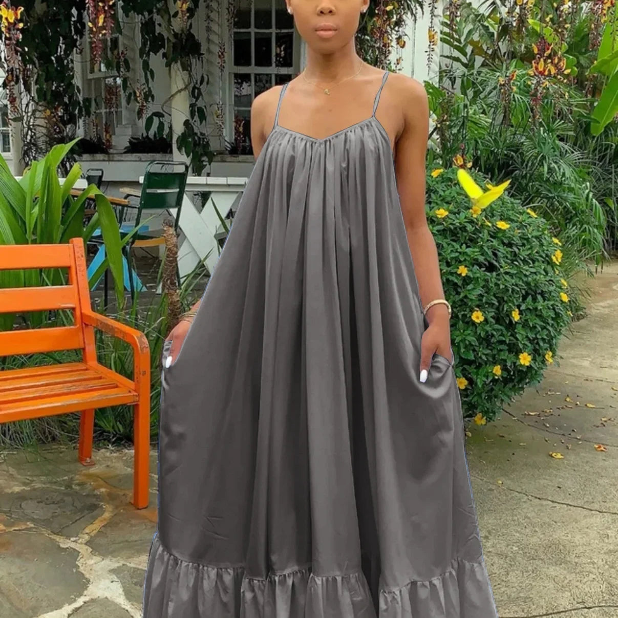 CMYAYA Women Summer Long Maxi Dress Sexy Sleeveless Strap Loose Beach Party Night Club Bandage Female S-5XL Dresses Vestido Dark Grey