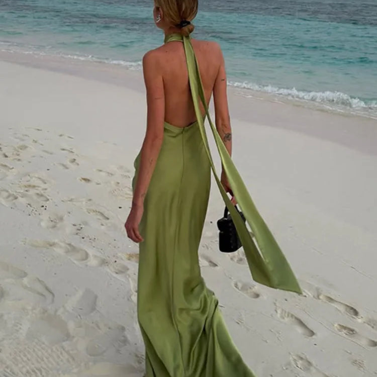 Elegant Green Satin Sleeveless Maxi Dress Chic Stand Neck Lace Up Backless Dresses New Female Summer Vacation Beach Vestido 2025