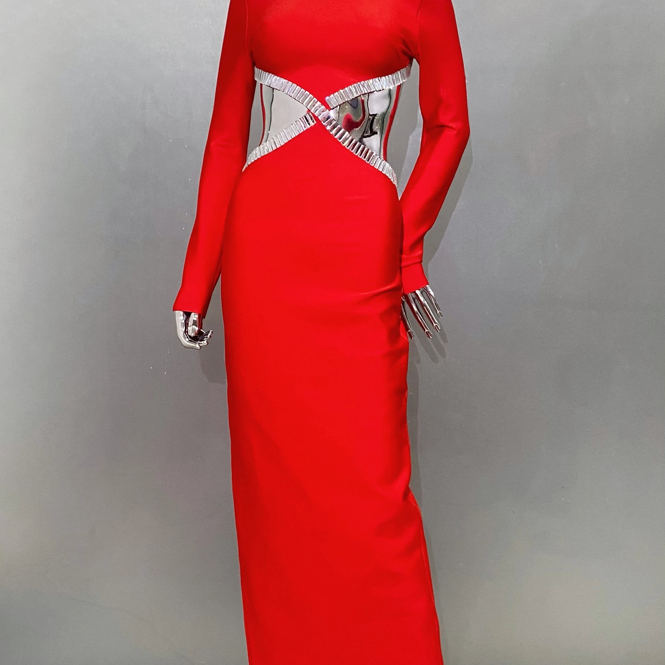 Luxury Squares Diamonds Sexy Hollows Out Blackless Long Dress Elegant Goddess Evening Dress Celebrity Party Outfit Red