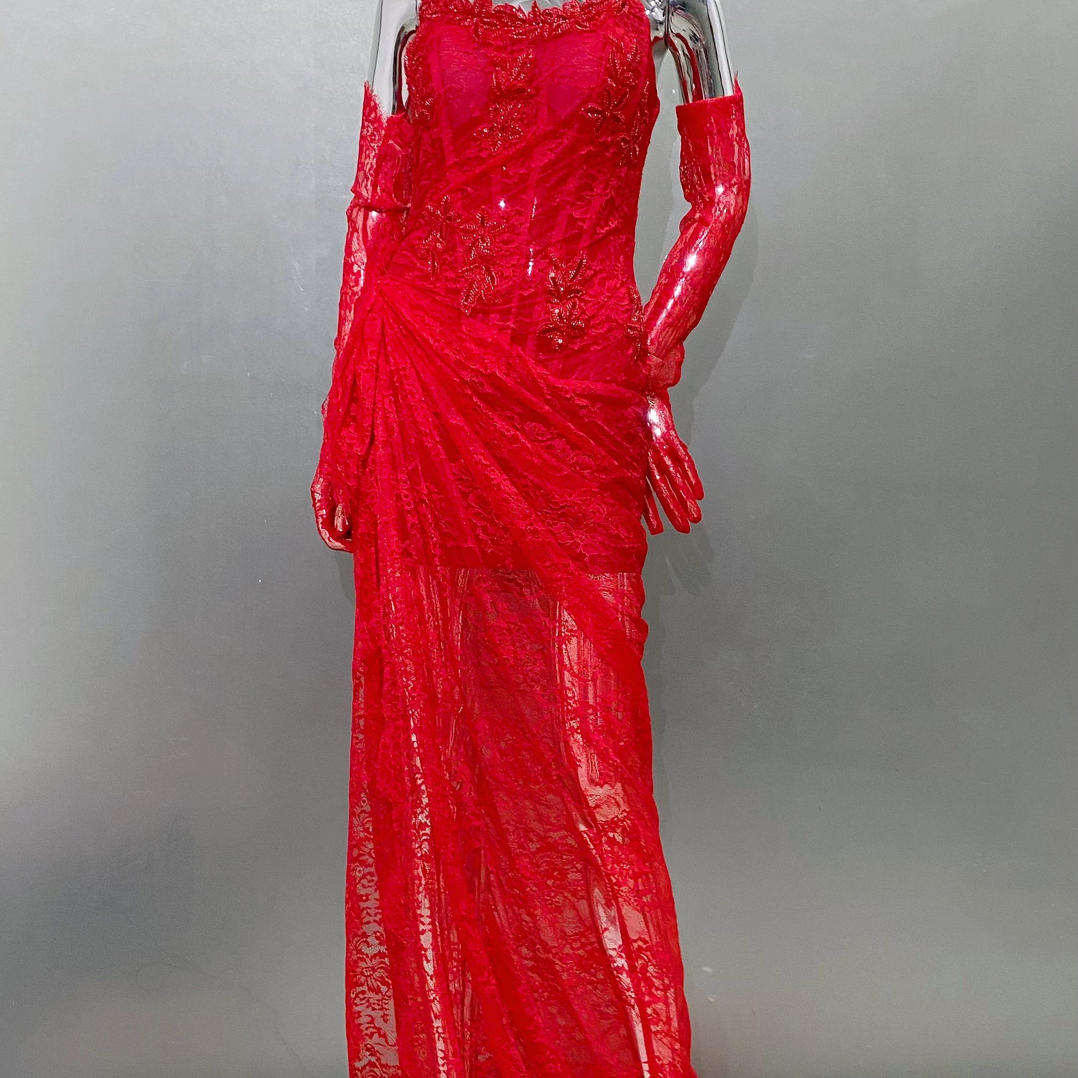 Red Color Women Sexy Strapless Lace High Split Bodycon Floor-Length Dress Gloves Wedding Party Mermaid Celebrate Dress Red