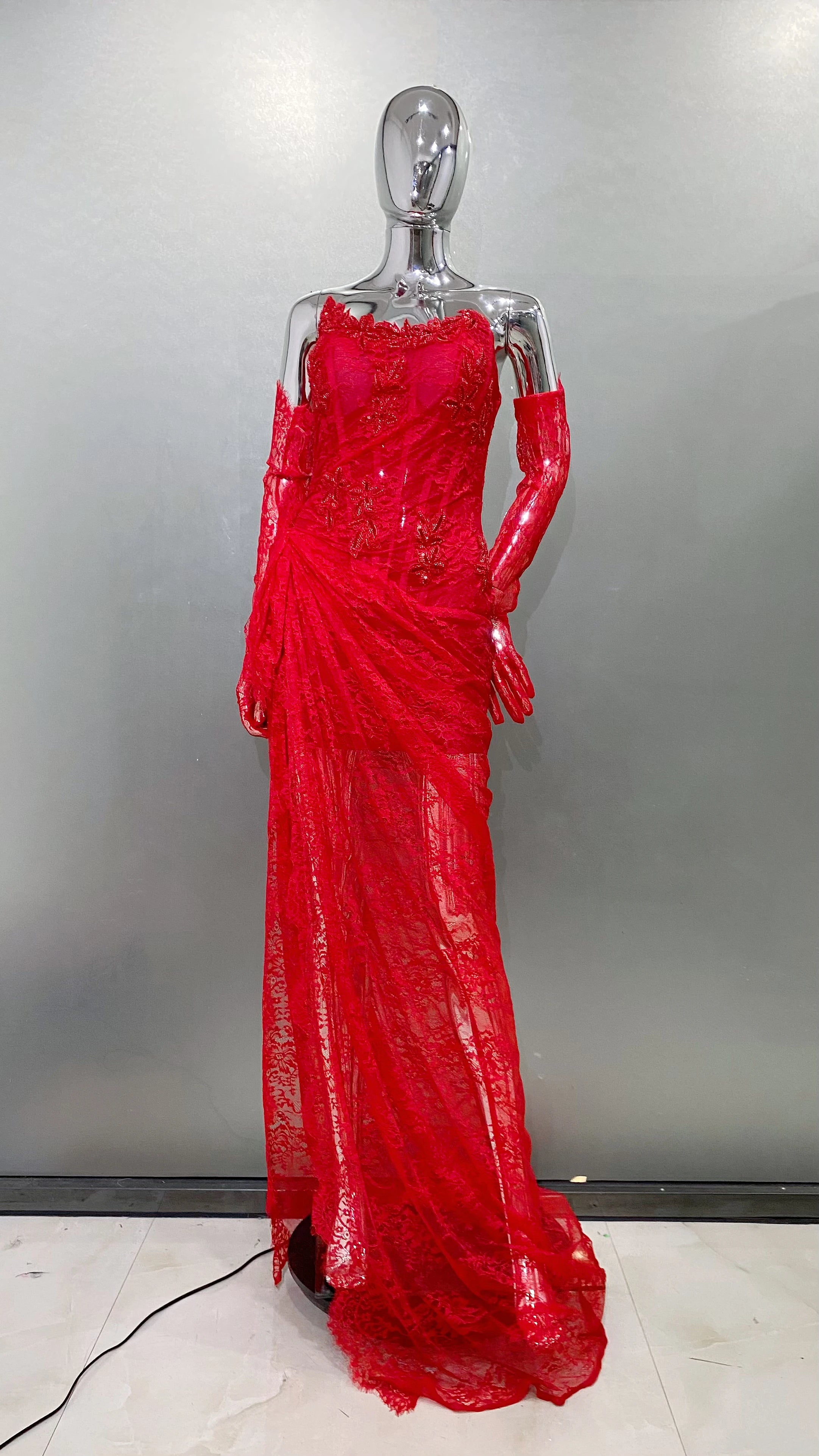 Red Color Women Sexy Strapless Lace High Split Bodycon Floor-Length Dress Gloves Wedding Party Mermaid Celebrate Dress Red