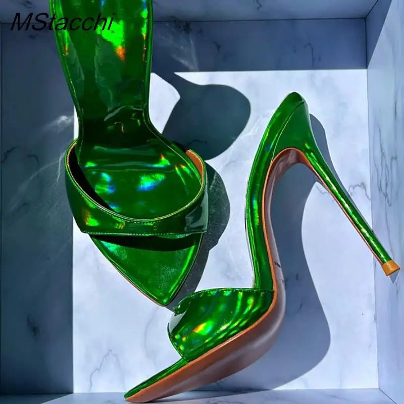 Laser Dazzling Color Sandals For Women Slippers Summer Star Style Very High Heel Shoes Peep Toe Ladies Stiletto Sandals 2025 green