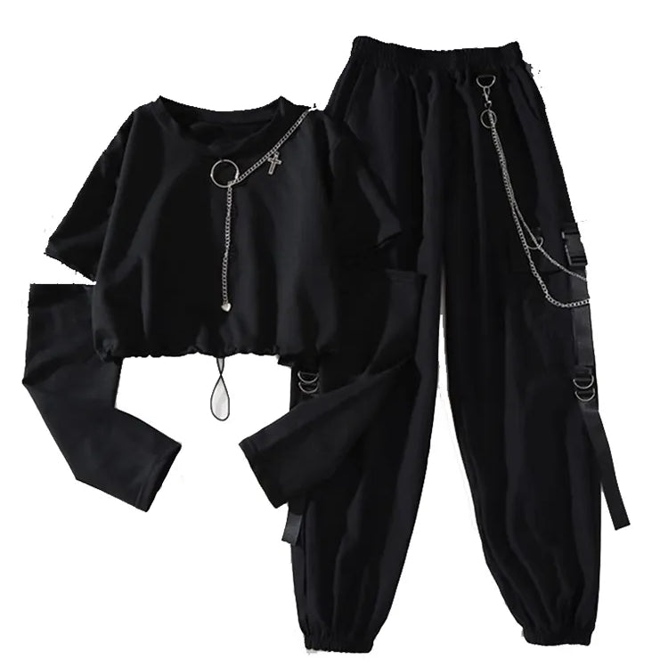 Spring Autumn Women Harajuku Cargo Pants Handsome Cool Two-piece Suit Chain Long Sleeve+Ribbon Pants 2 PIECE