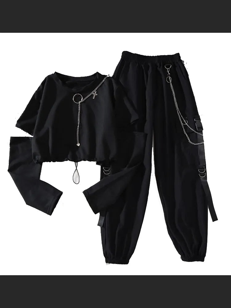 Spring Autumn Women Harajuku Cargo Pants Handsome Cool Two-piece Suit Chain Long Sleeve+Ribbon Pants 2 PIECE