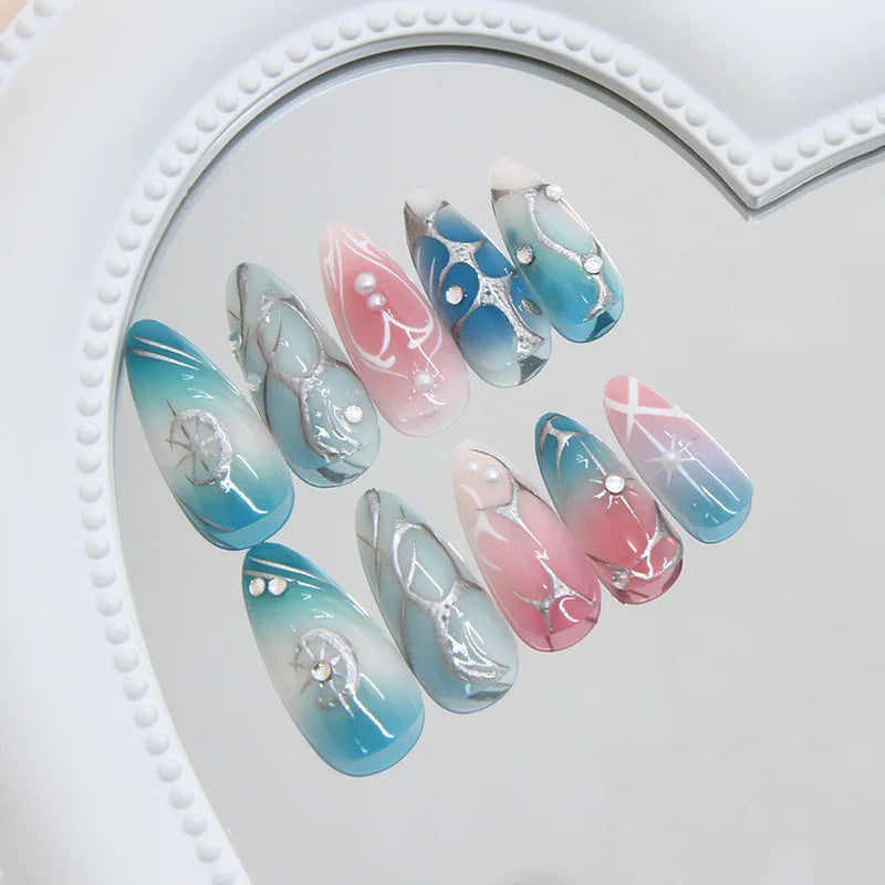 24pcs Ins Almond Press on Nails Gothic Sliver Metal Line y2k Fake Nails Detachable Wearable Sweet Cool Spicy Girl False Nails