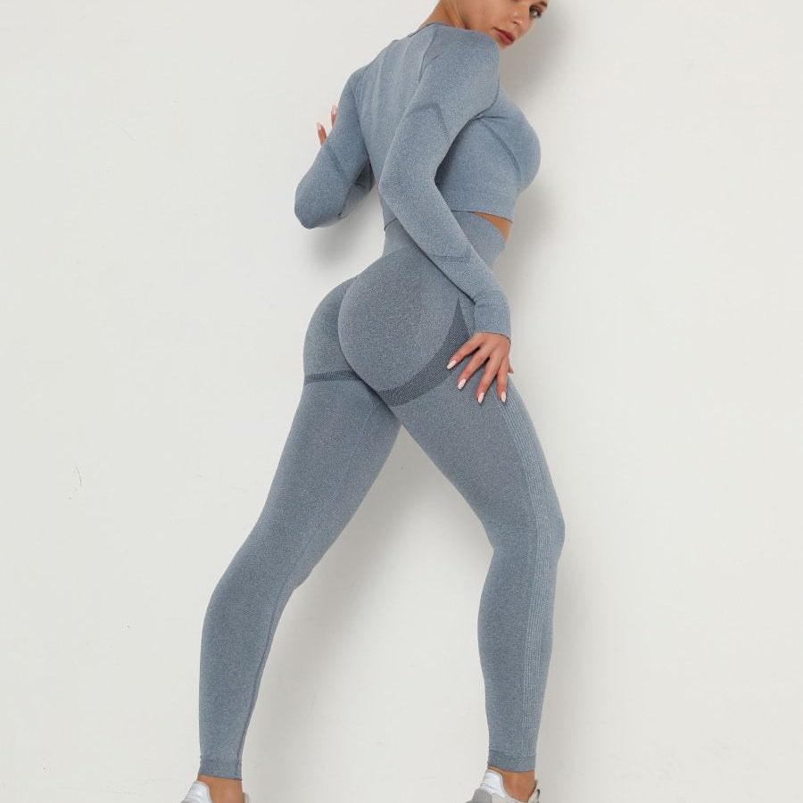 Women's Sets Skinny Tracksuit Breathable Bra Long Sleeve Top Seamless Outfits High Waist Push Up Leggings Gym Clothes Sport Suit New Set Blue