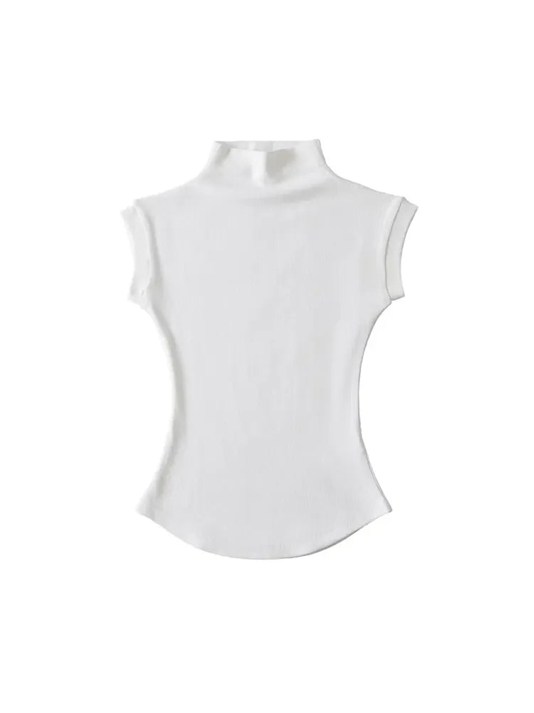 Women Summer Sexy Turtleneck Sleeveless T-Shirts Tops Solid Slim Fit Pullovers Causal Tees Shirts Female Streetwear Basics Tees WHITE