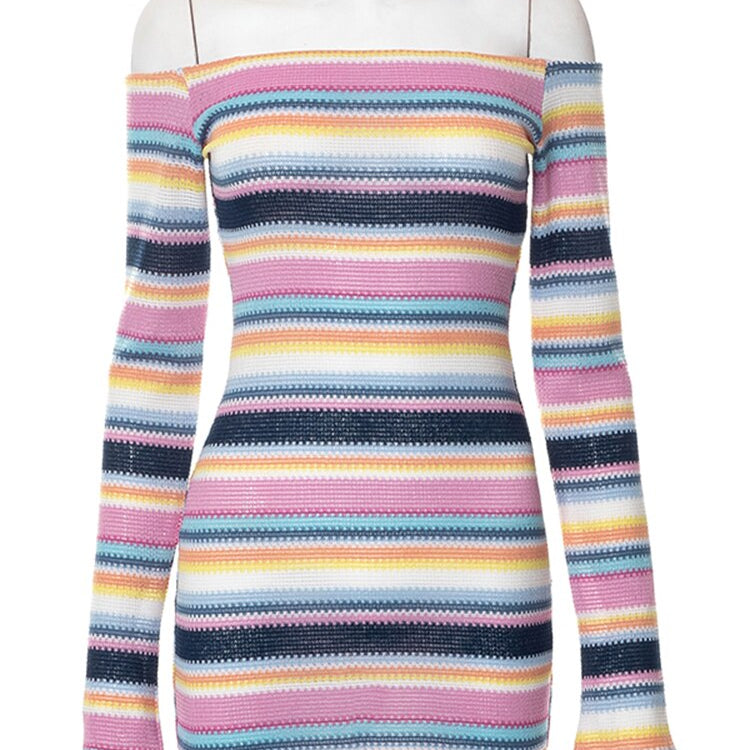 Simenual Colorful Striped Knitted Sexy Dresses for Women Slash Neck Long Sleeve Skinny Slim Mini Dress Fall Y2k Clubwear Jurks