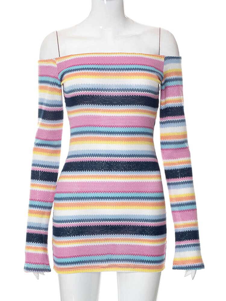 Simenual Colorful Striped Knitted Sexy Dresses for Women Slash Neck Long Sleeve Skinny Slim Mini Dress Fall Y2k Clubwear Jurks