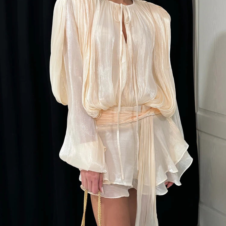 Solid Loose Spliced Folds Elegant Dresses for Women Round Neck Long Sleeves Patchwork Lace Up Tunic Dress Female