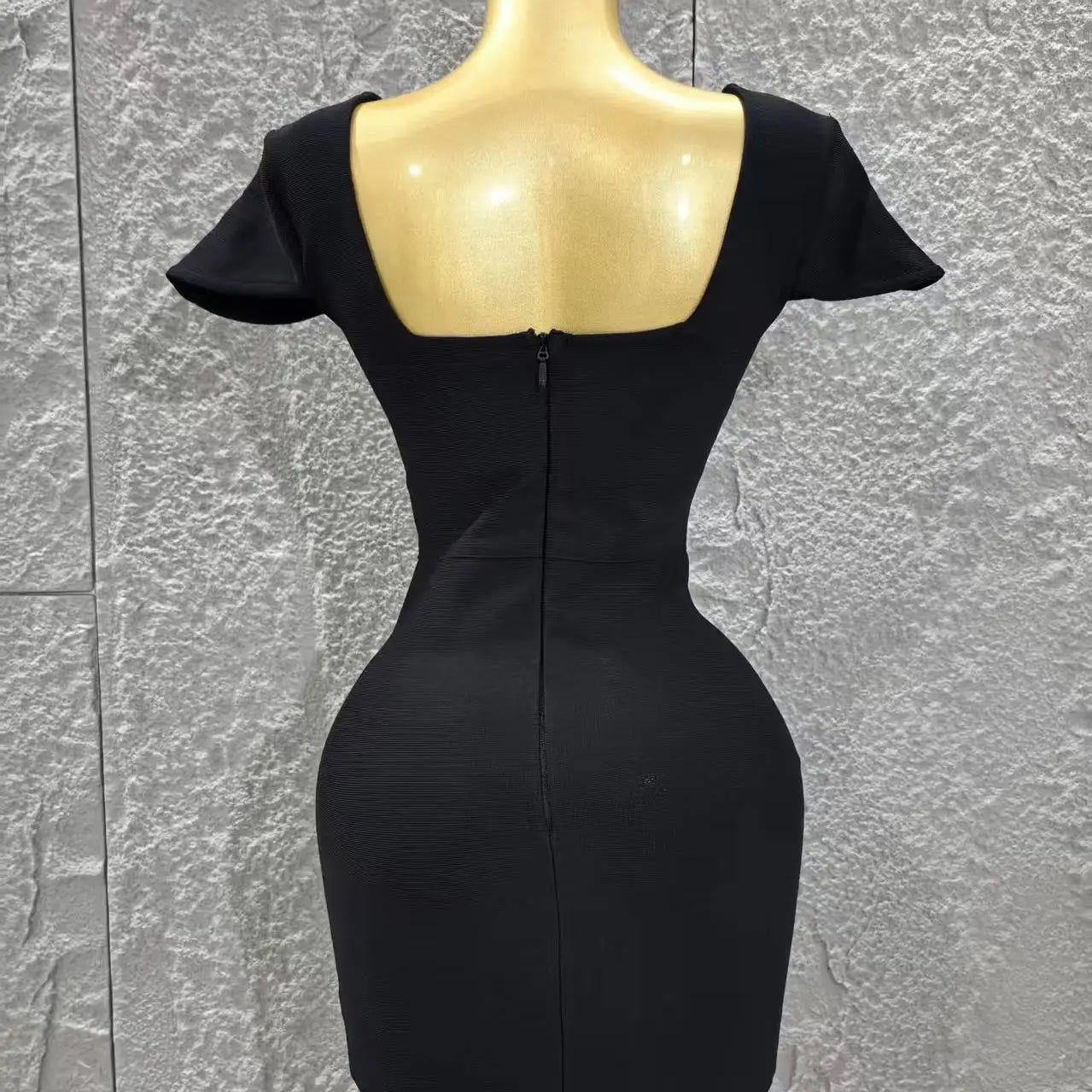 Black Red Color Women Sexy Short Sleeve Square Collar Bodycon Mini Bandage Dress Nightclub Party Celebrate Birthday Fashion Wear