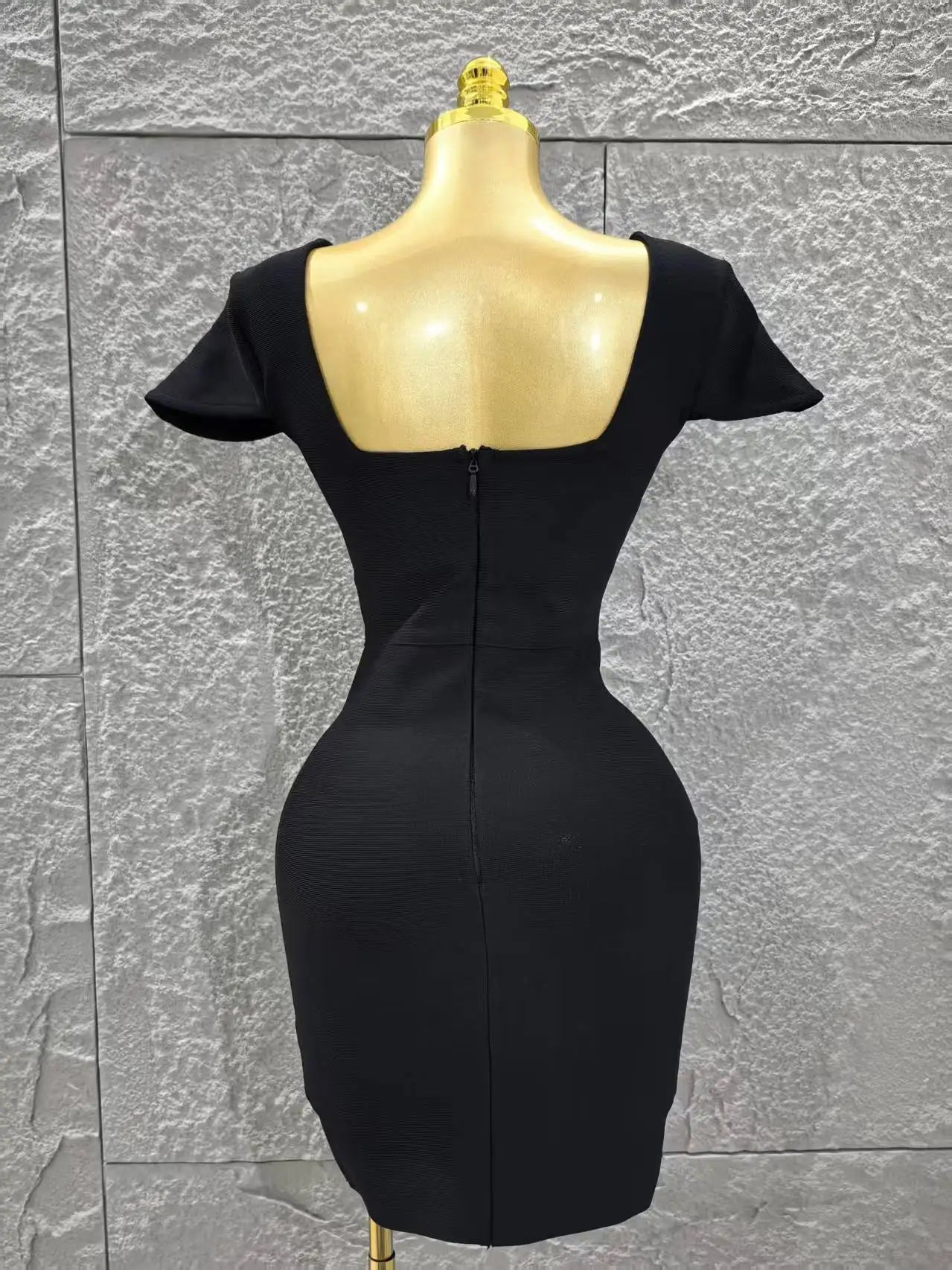 Black Red Color Women Sexy Short Sleeve Square Collar Bodycon Mini Bandage Dress Nightclub Party Celebrate Birthday Fashion Wear