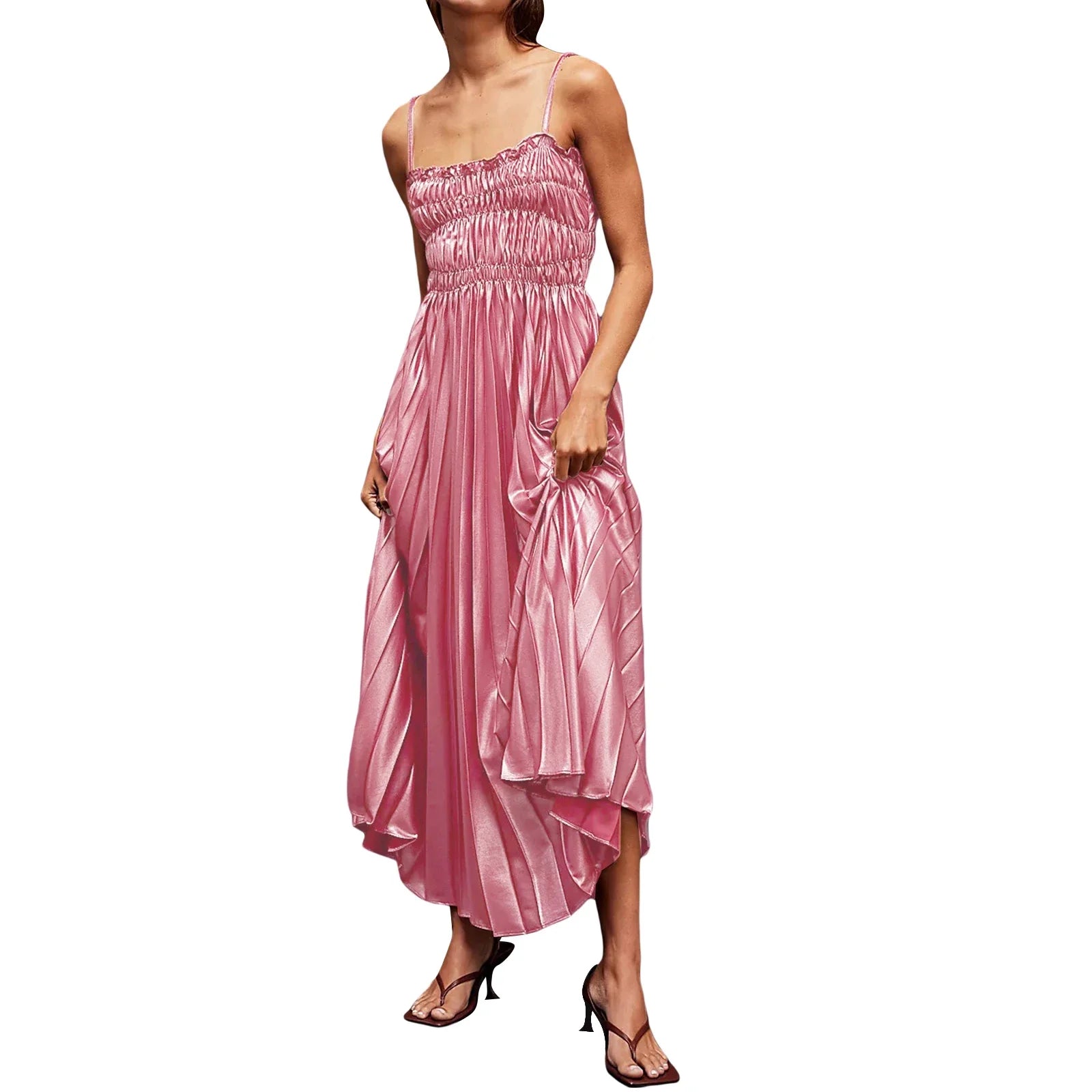 Women's Long Dress Adjustable Shoulder Straps Pleated Dinner Party Dress Smocking at bust Square Neck A-line Fit Dresses Femme Pink