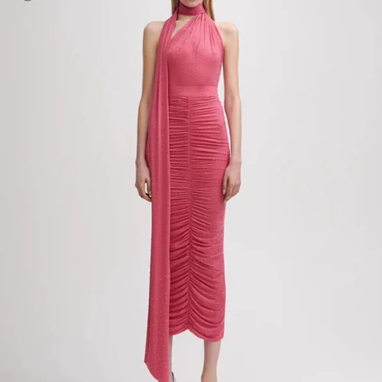 VC Elegant Sleeveless Halter Ribbon Ruched Details Backless Body Suit With Beaded Maxi Long Skirt Two Pieces Set Casual Wearing