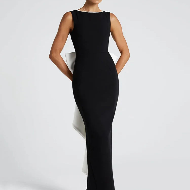 Elegant Pearl Bow Backless Sexy Maxi Dress Women Gown Fashion Sleeveless High Waist A-line Club Party Long Dress