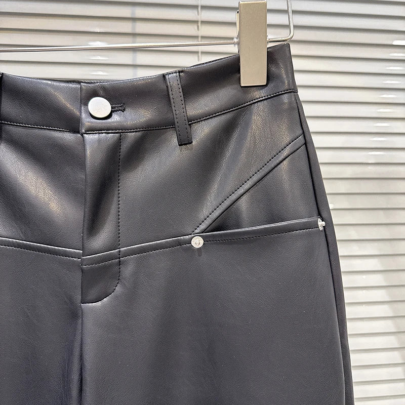Winter New Fashion Metal Rivet Design PU Leather Pants For Women High Waist Loose Wide-Leg Casual Pant 11A07827