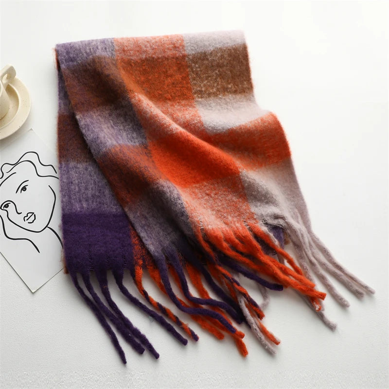 Thick Warm Scarf Women Winter Neck Shawls Tassel Pashmina Scarves Lady Cashmere Bandana Plaid Rainbow Hairy Foulard WJ137-22