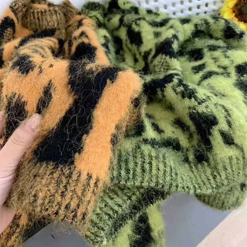 Autumn Winter New Leopard Print Round Neck Pullover Sweater For Women Elegant Knitted Tops Female Trendy 11A07744