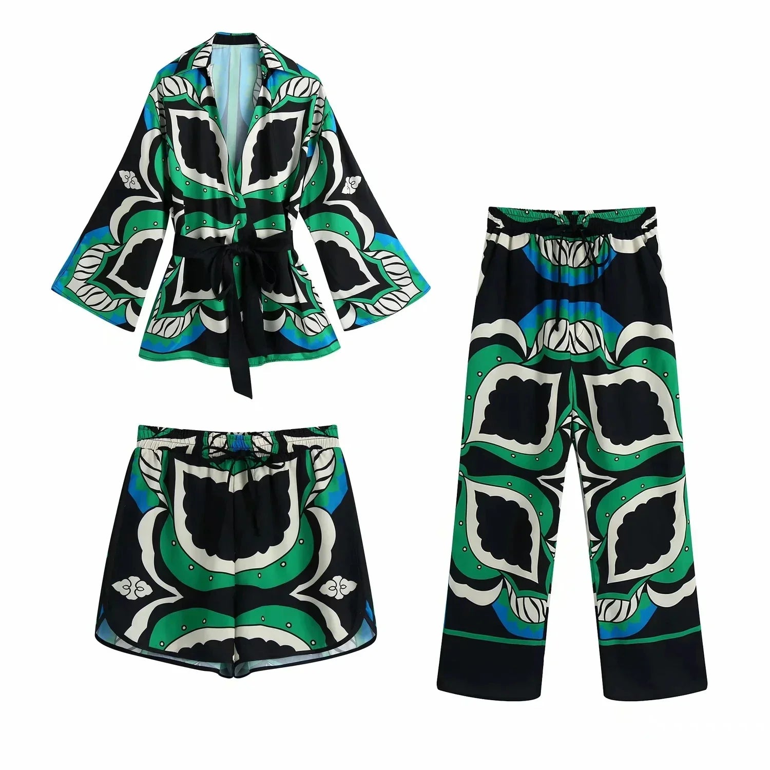 Foridol Oversized Green Print Boho Women Shorts Sets Shirts Shorts Pants Three Pieces Fashion Suits Matching Sets Summer Three pcs