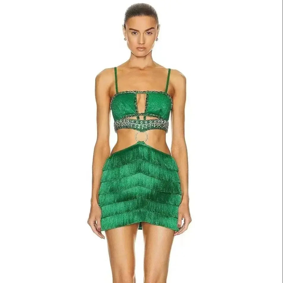 STOCK Stylish Tassel Sexy Hollow Out Spaghetti Strap Mini EvenDress Summer Holiday Vocation Vestido Music festival Outfit green