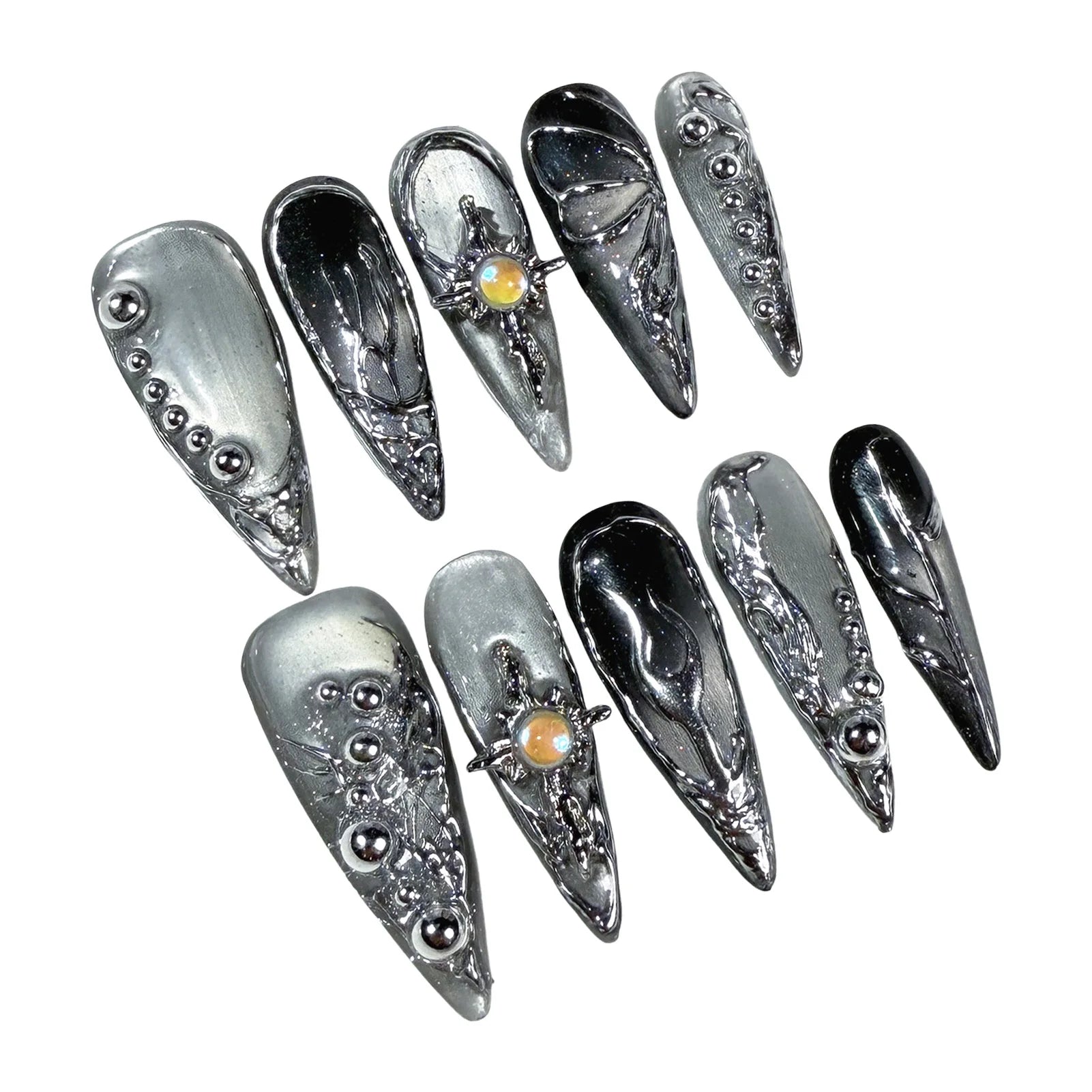 Metallic Almond Handmade Fake Nails Handmade Press On Nail Shiny Cat Eye French Almond False Nails Wearable Manicure Nail Tips