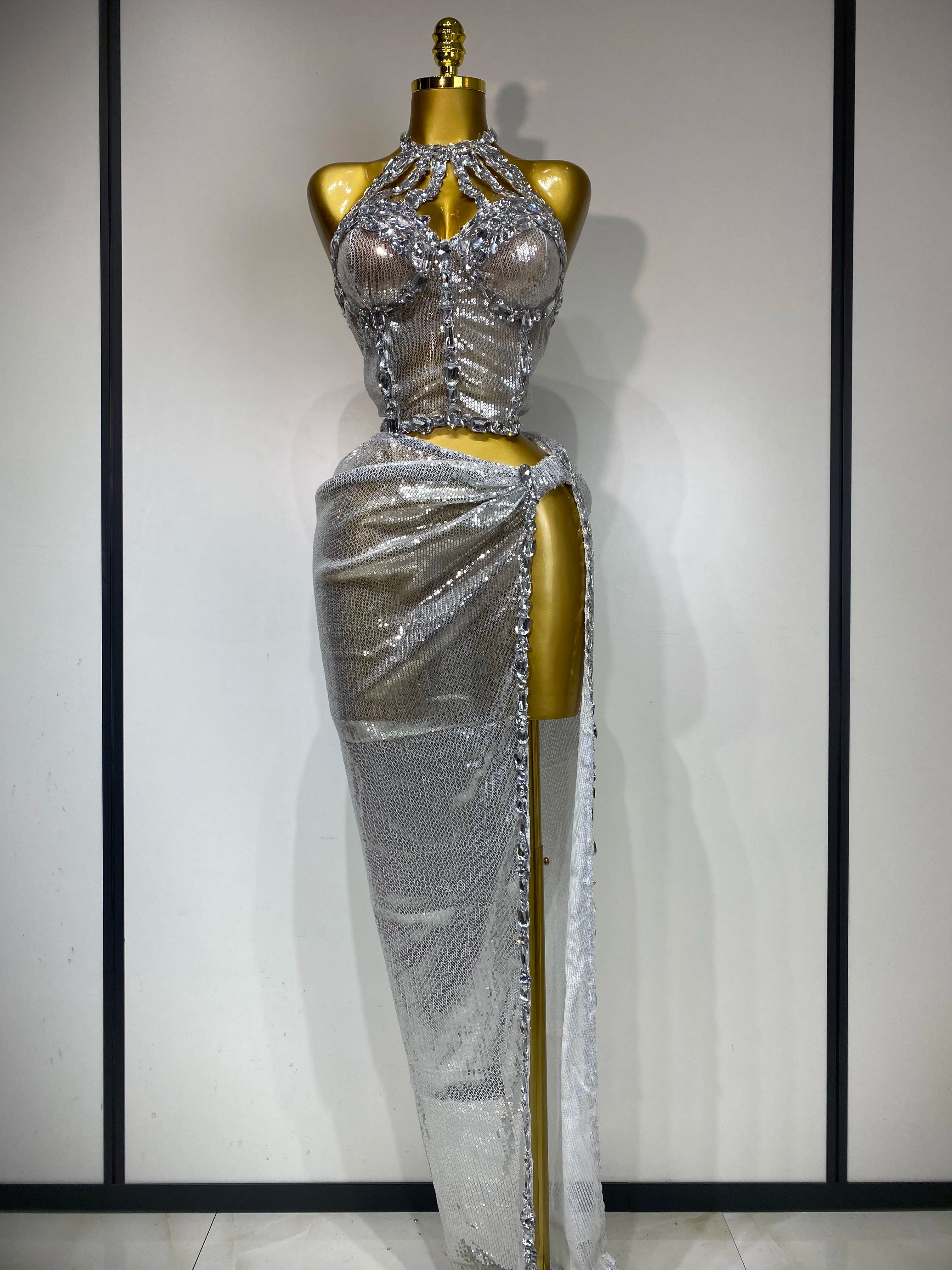 Sexy Shiny Diamond Two Piece Set 2025 Women Evening Celebrate Festival Luxury Birthday Party Nightclub Singer Stage costume Silver