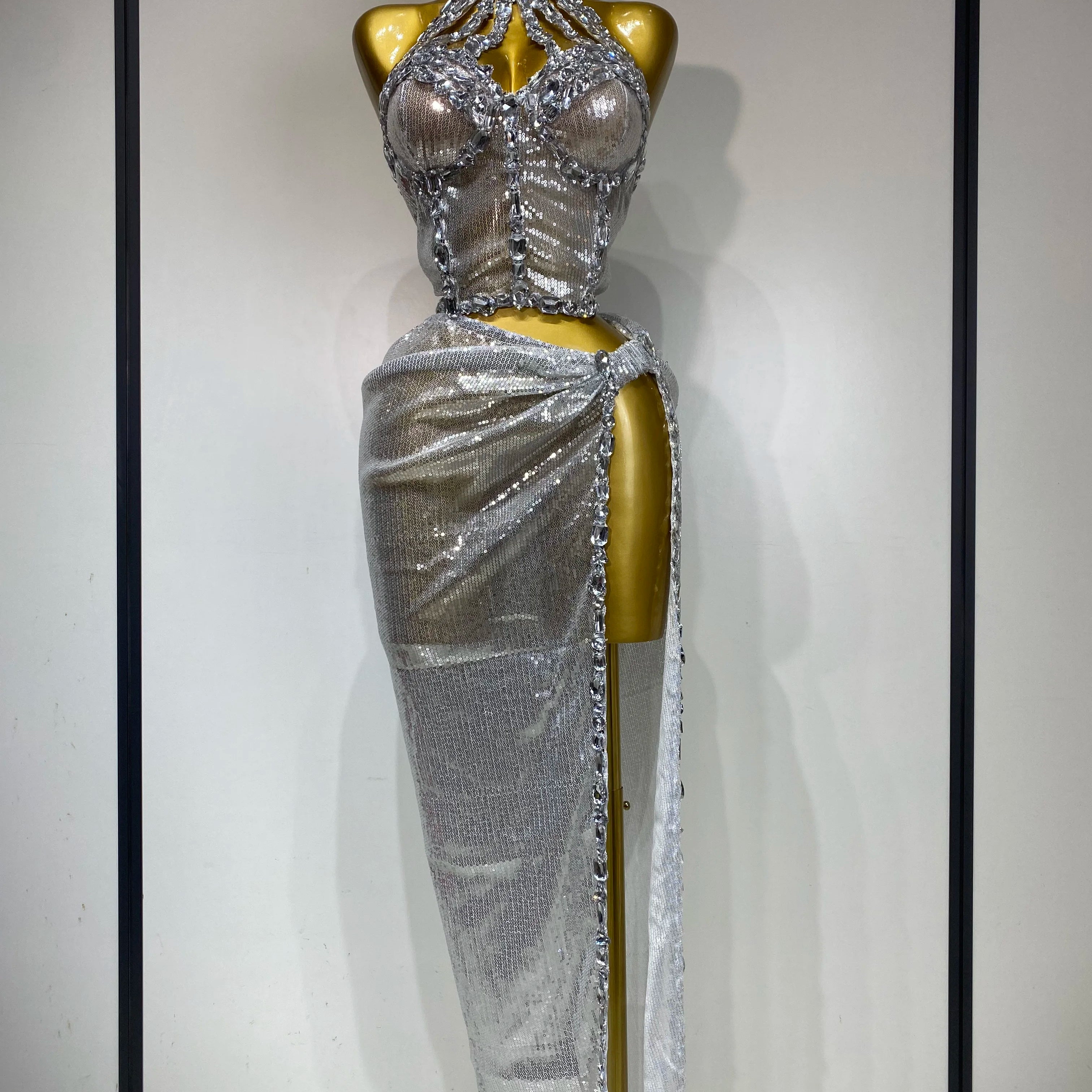 Women Sparkly Gold Rhinestones Top Long Skirt Two Pieces Set Singer Dancer Performance Costume Nightclub Luxury Birthday Dress Silver